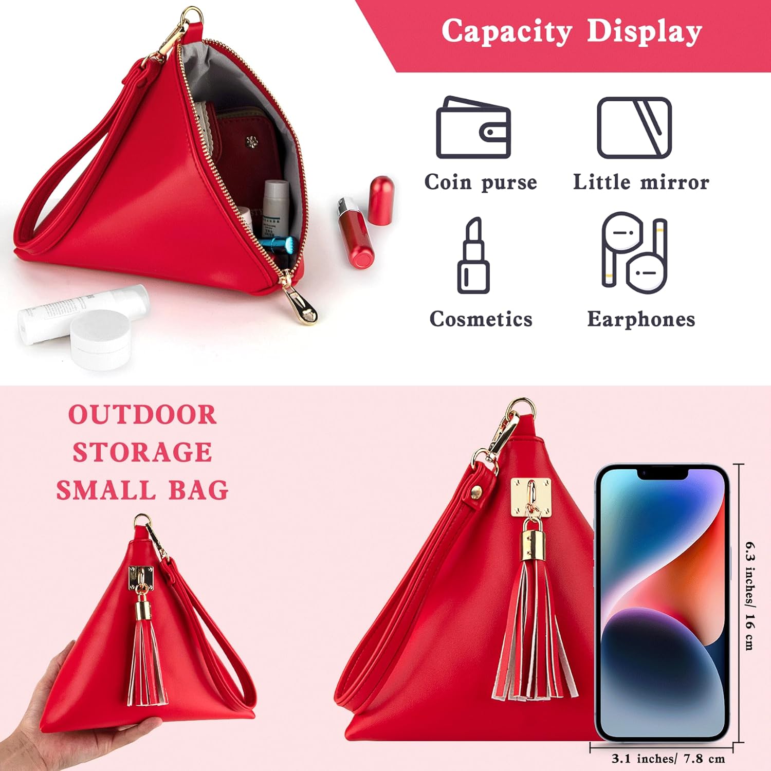 Women Leather Clutch Wallet Triangle Wristlet Purse Fits Cell Phone with Wrist Strap - Image 4