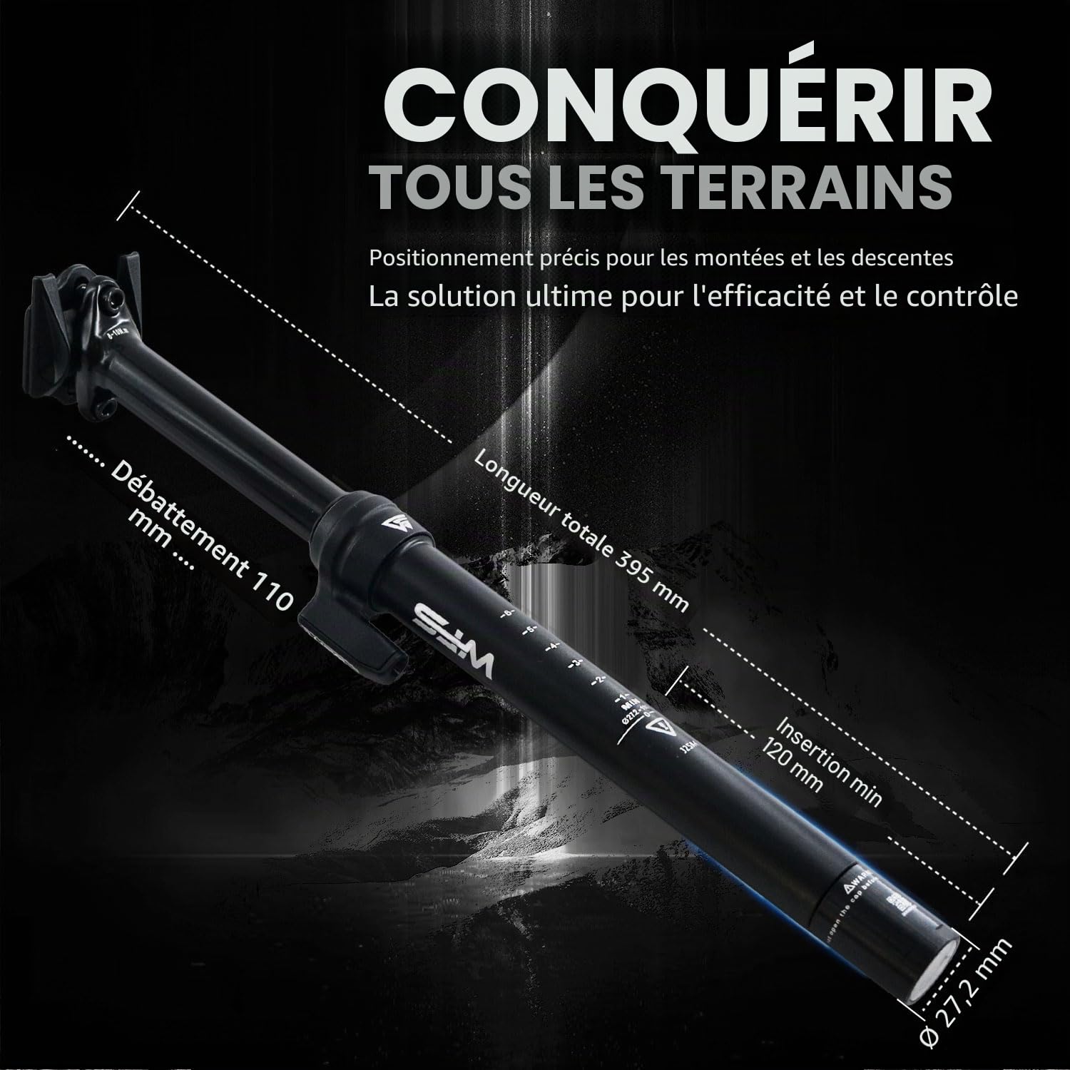 WFS Flex Tige de Selle Compte-Gouttes Externe pour VTT - 27.2mm Diamètre, 110mm Travel, 395mm Longueur, Noir, Comprend Levier et Câble Télécommande