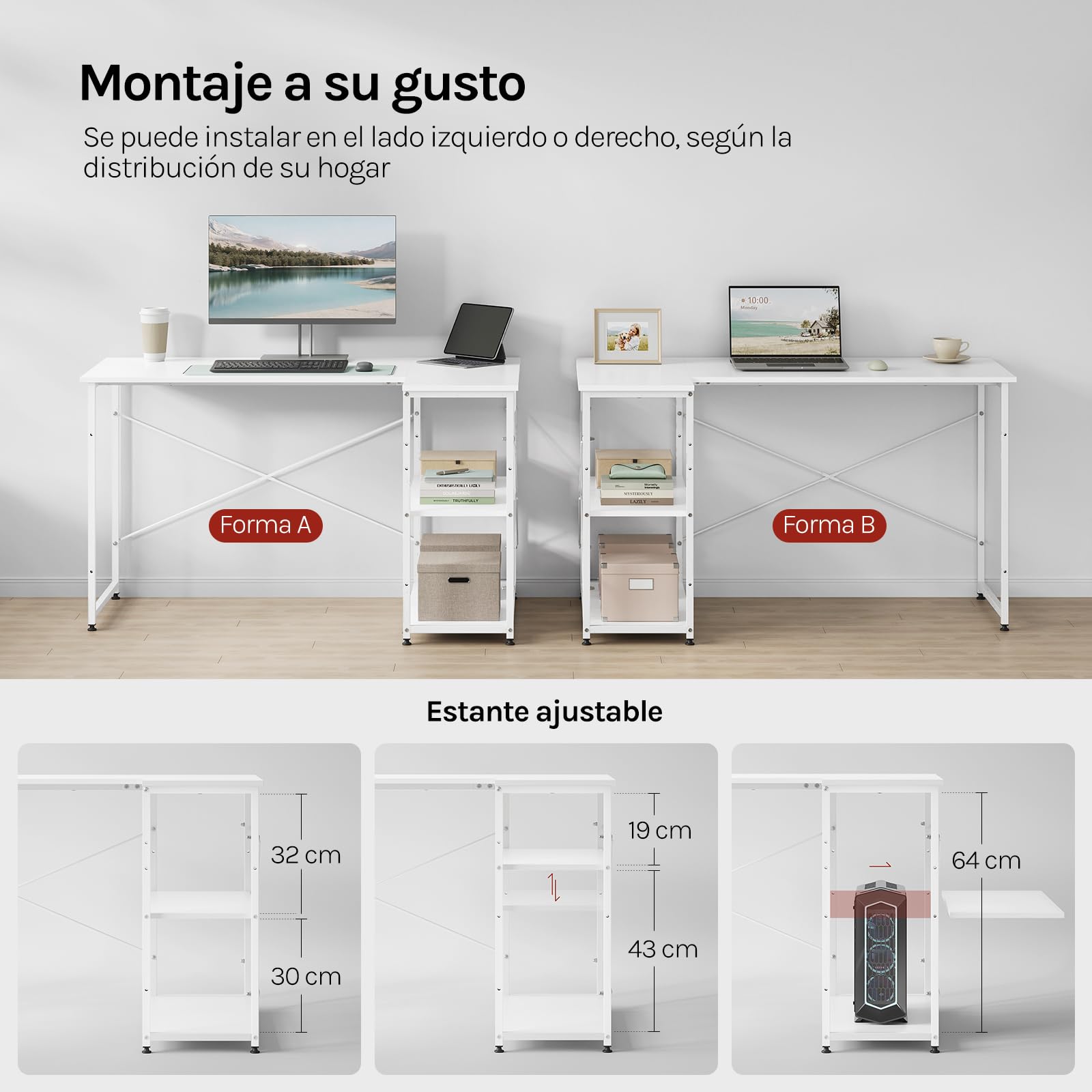 WOLTU Escritorio de Almacenamiento, Mesa Multifuncional | Con Estantería, Blanco Brillante, para Ordenador en Estudio, Dormitorio, 120x73x72 cm