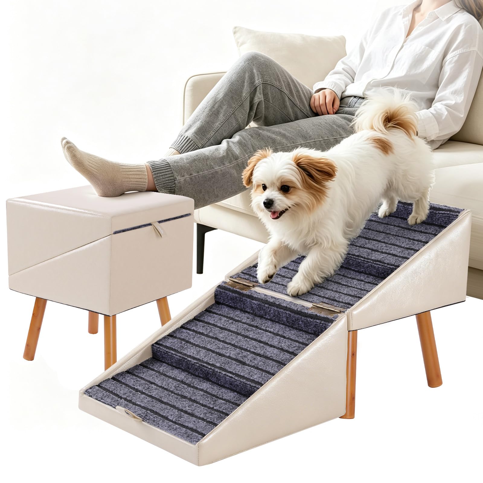 Hunde Treppe für kleine Hunde und Katzen für Couch und Bett, Klappbare 2-in-1 Haustier Schritte aus Holz und Leder für Welpen, Split Ottoman Design (Cremefarben-43,5 cm hoch)