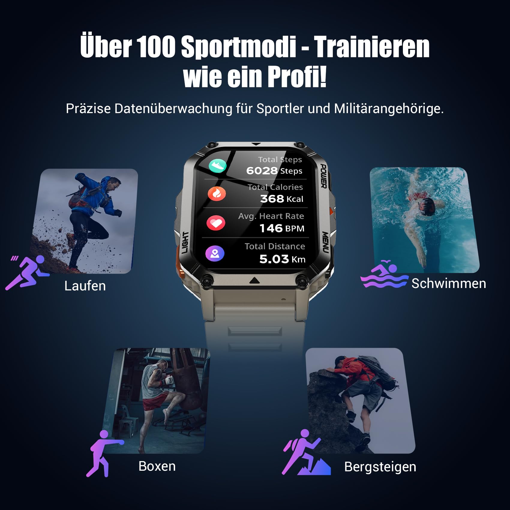 IOWODO Militär Smartwatch Herren 2,01 Zoll | LED Taschenlampe & Kompass | 900mAh/100 Tage Standby | 2 Armbänder | Bluetooth Anrufe | 100+ Sportmodi | IP68 Wasserdicht | 24/7 Gesundheitsmonitor
