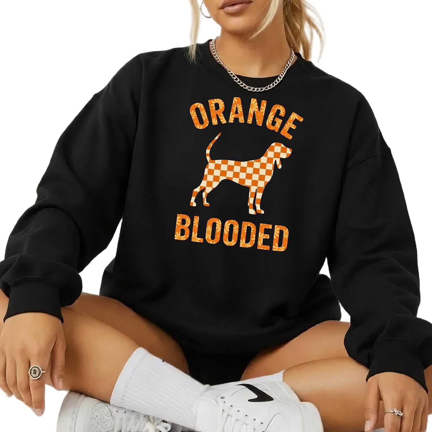 Orange Blooded Sweatshirt Tennessee Inspired Checker Dog Pullover Cute Game Day Crewneck for Women