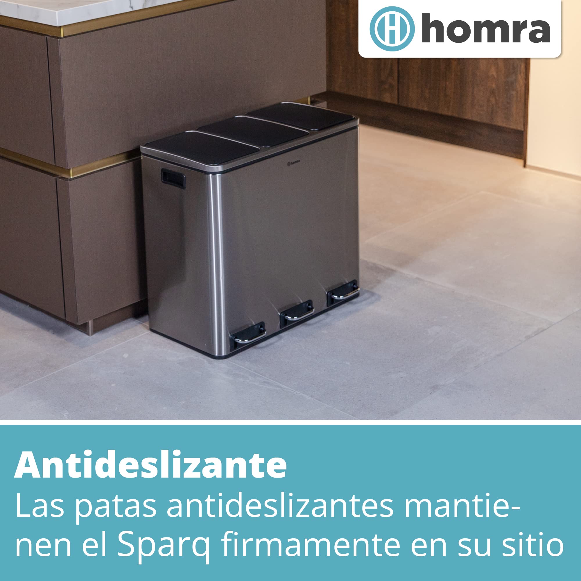 Homra Sparq - Papelera de reciclaje con 3 compartimentos, 54 L (3 x 18 litros) - Cubo triple grande - Cubo de basura con diseño de acero inoxidable
