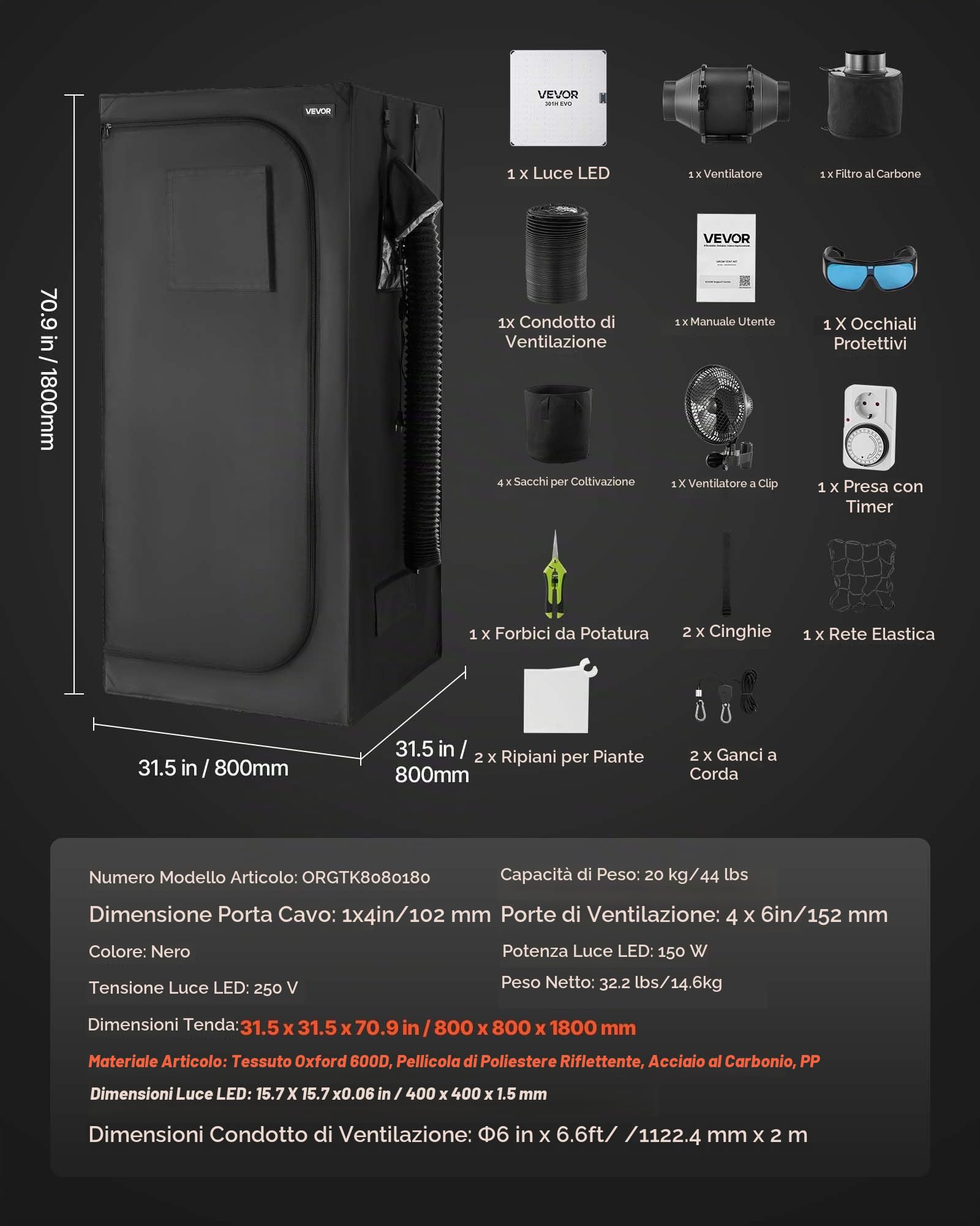 VEVOR Kit Completo per Tenda Idroponica Coltivazione da Interno 80x80x180 cm, Tenda da Coltivazione con Illuminazione LED a Spettro Completo, Sistema di Ventilazione, Mylar Riflettente