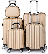 LEADZM Kofferset 5 teilig, Reisekoffer Set mit Kosmetikkoffer, Koffer Set Hartschalen-Trolley aus ABS mit Teleskopgriff, Handgepäck (Champagne)