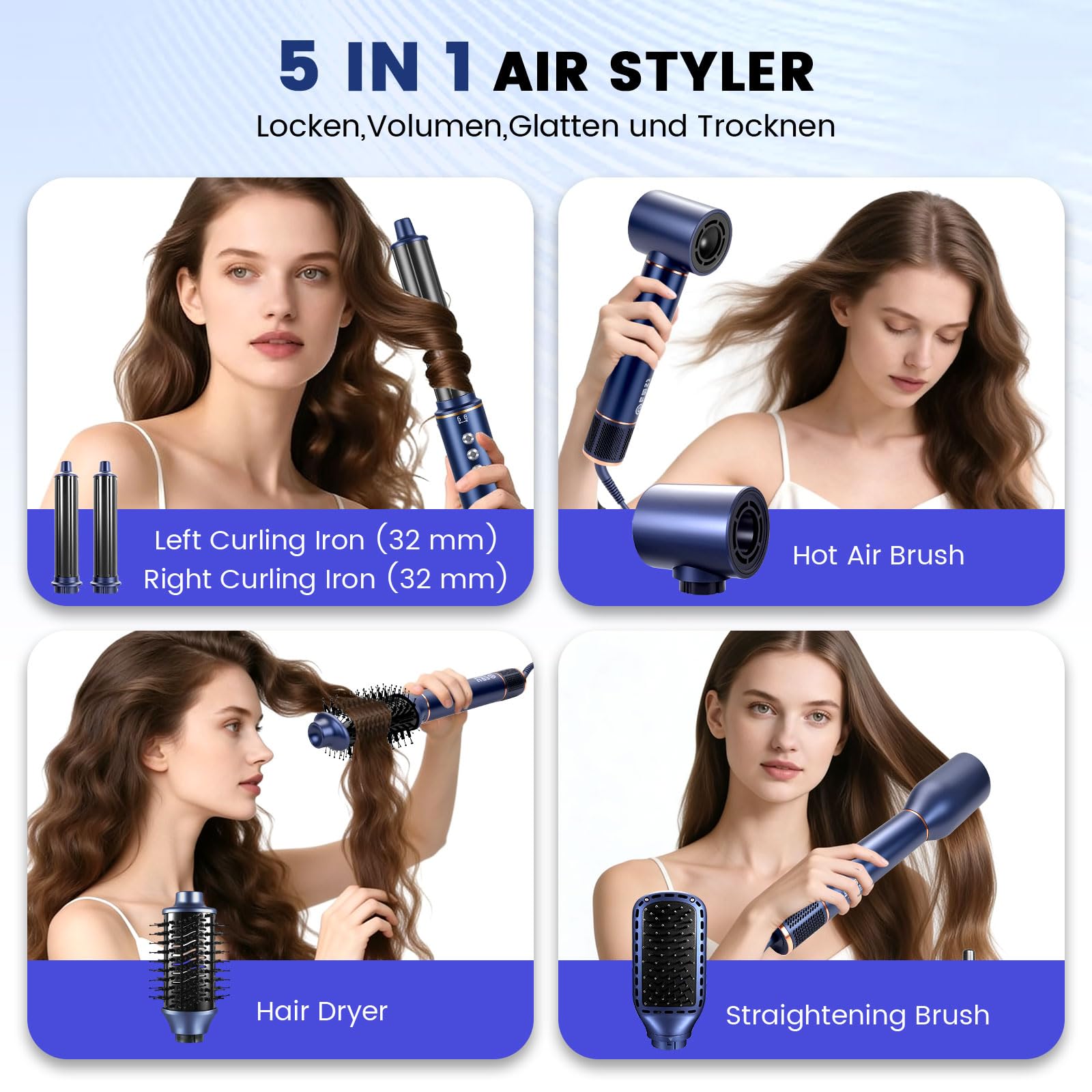 Air Brush 5 en 1 Hair Styler Airbrush,1400W Seche Cheveux avec Airbrush Cheveux,Brosse Lissante,Fer a Boucler, pour Sécher, Boucler, Lisser, Femmes,200 Millions d'ions Négatifs -Bleu