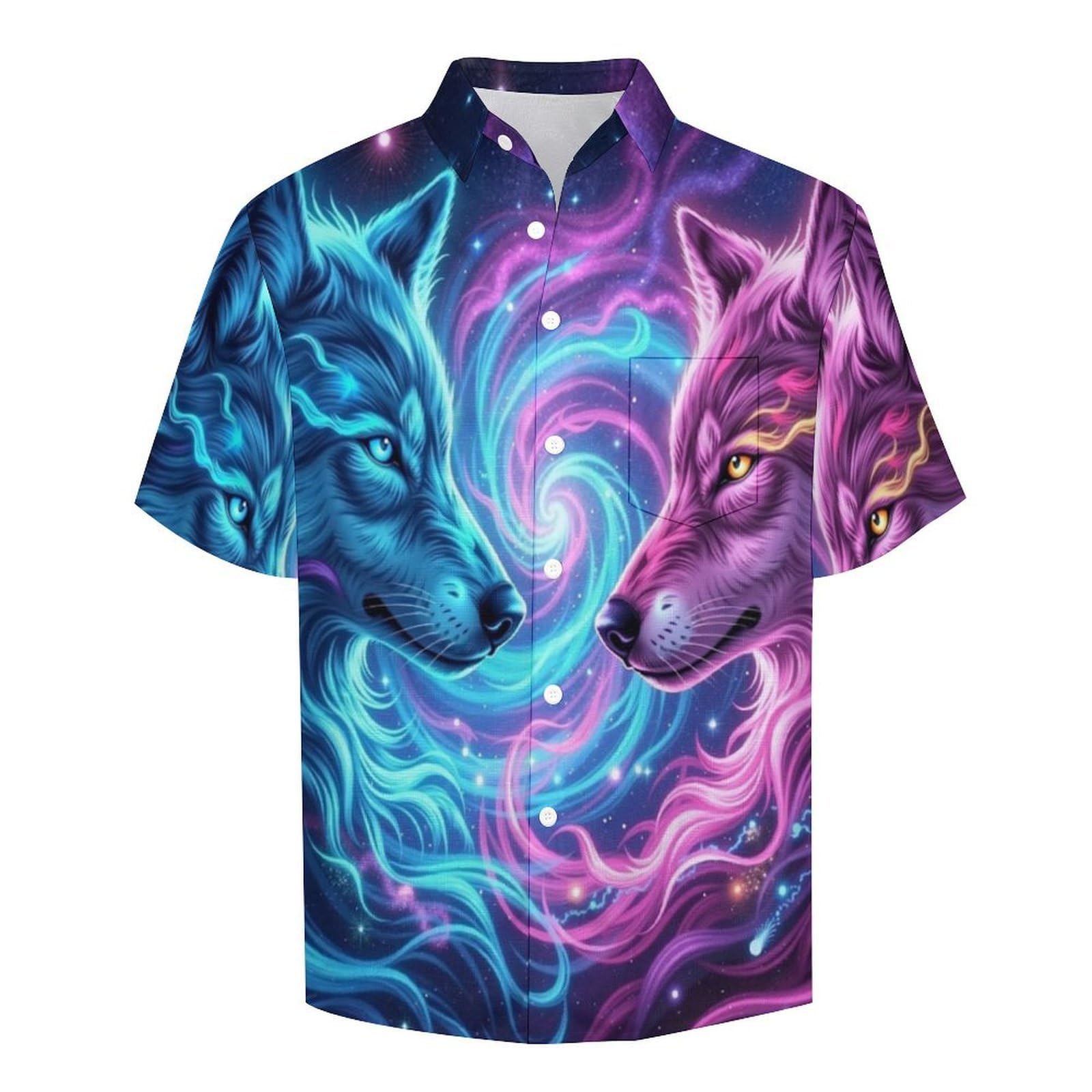 Camicie a Maniche Corte da Uomo - Camicie da Spiaggia con Stampa Lupo della Via Lattea Animali Fantastici, Funky Estiva Cool Camicia Hawaiana Monopetto Camicia S-5XL