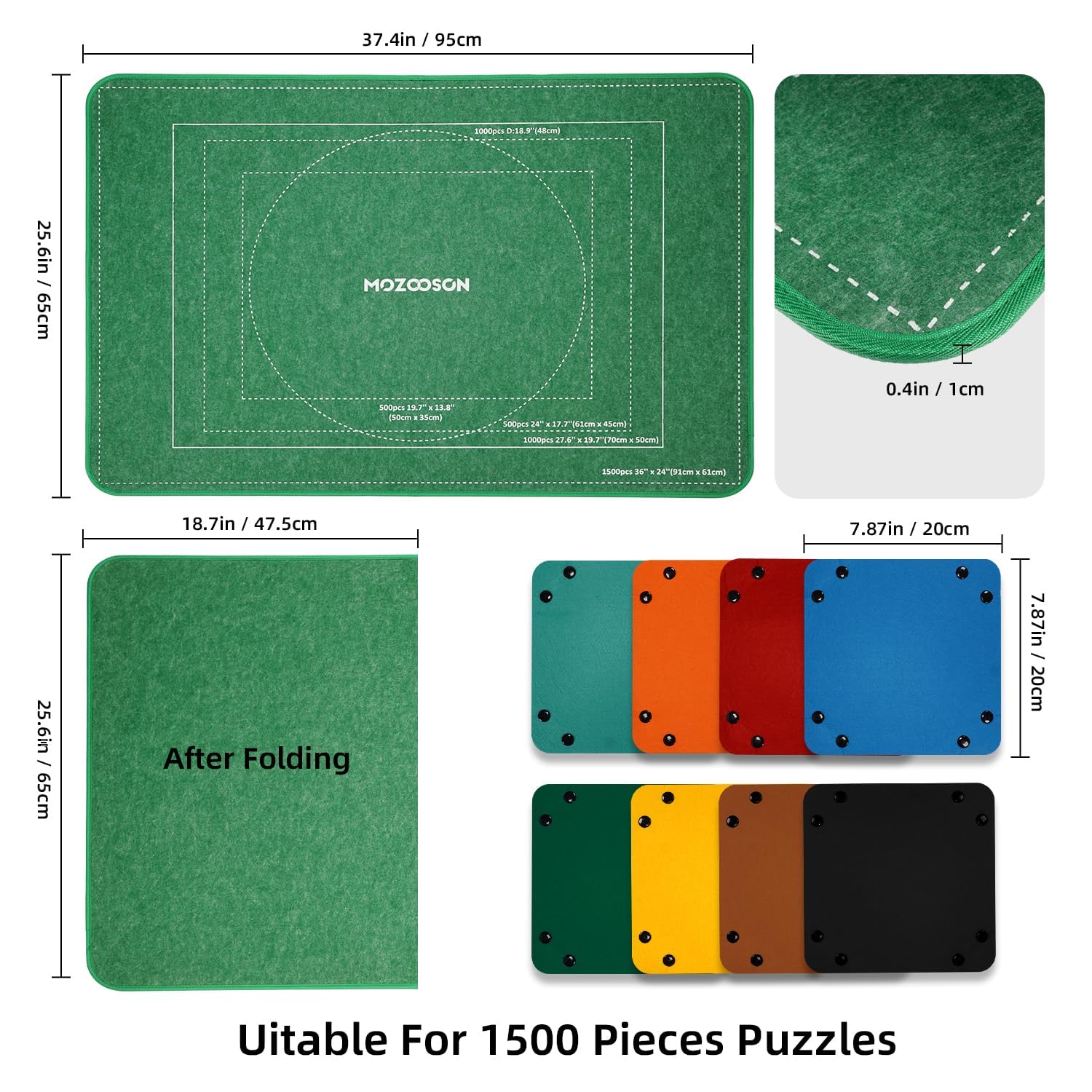 MOZOOSON Puzzle 1500 szt., składana tablica do puzzli, akcesoria do przenoszenia i przechowywania, tablica do przechowywania puzzli 95 x 65 cm (8 tacek do sortowania)
