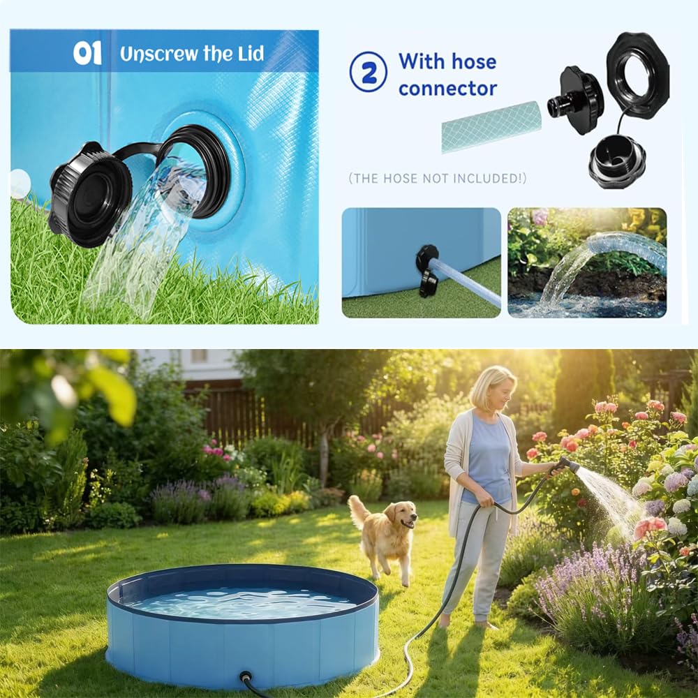 Hundepool 120x30cm, Hundepool Faltbar, Hundeplanschbecken, aus kratzfestem PVC-Material,Anti-Rutsch-Belag & schnelle,Entleerung, Keine Pumpe benötigt, mit Badebürste Ablassventil PVC-Aufnäher x 4