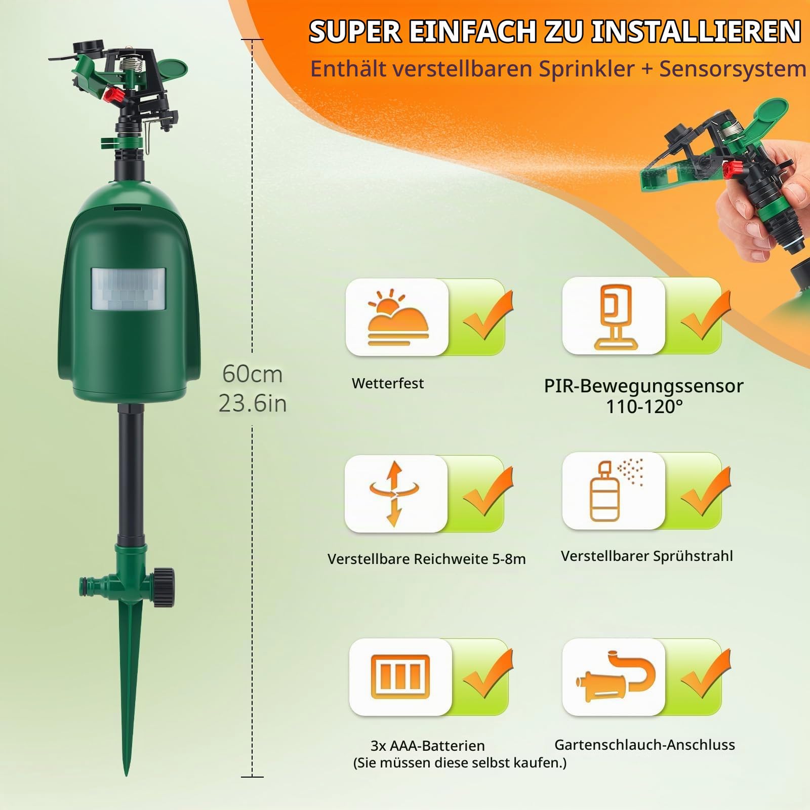 360 ° Tierfreundlicher Katzenschreck mit Wasserstrahl –, PIR-Sensor bis 10m, 360° Abschreckbar für Katzen, Marder, Vögel & Waschbären – Humaner Tiervertreiber für Garten & Teich