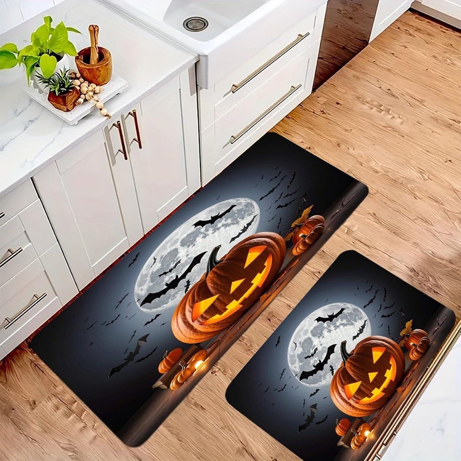 Halloween Moon Bat Pumpkin Kitchen Mats for Floor 2PCS Waterproof Non-Slip Kitchen Rugs Cushioned Anti-Fatigue Mat Heavy Duty Floor Mats Comfort Standing Mat for Kitchen Home Office Laundry image 2