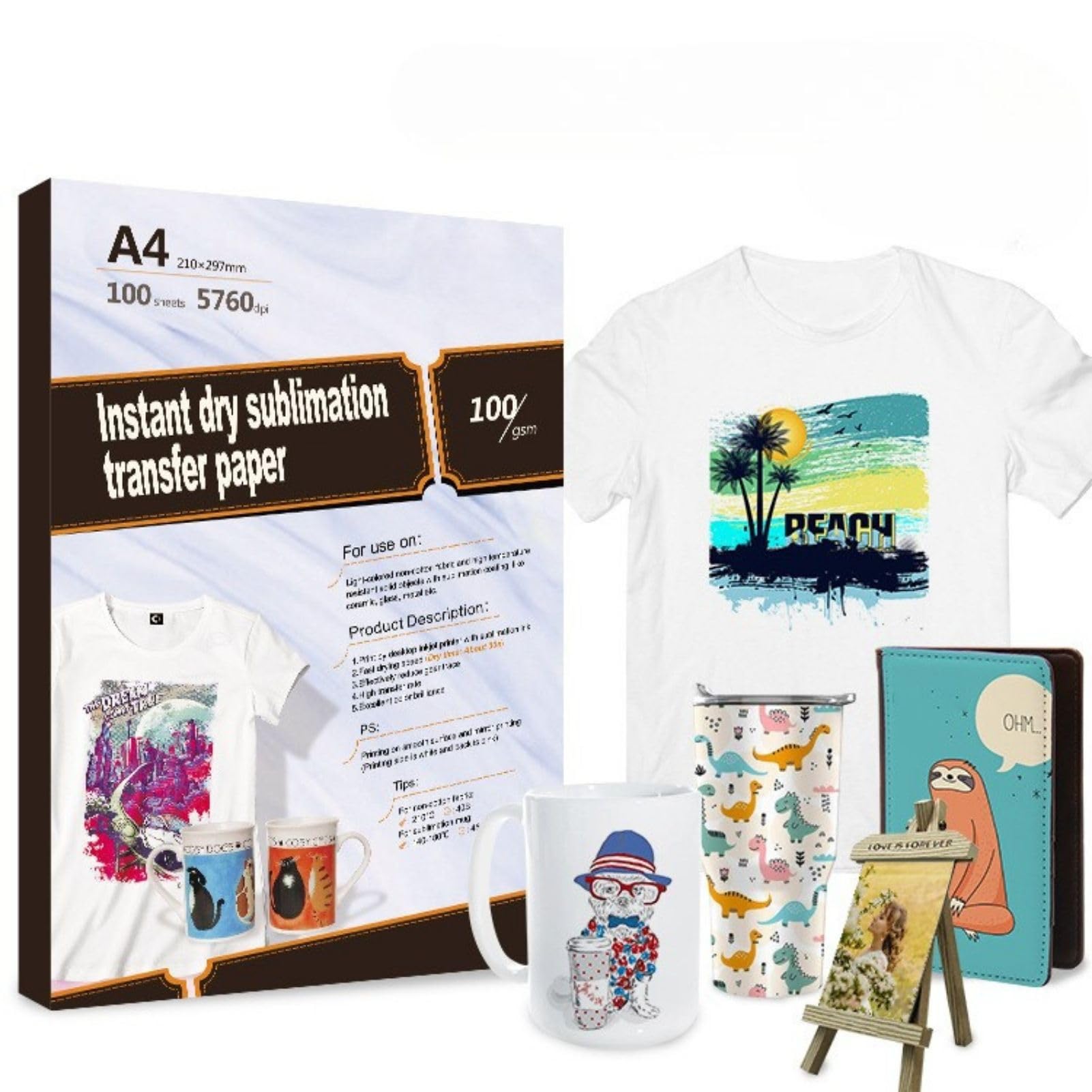 Creatorally Carta a sublimazione A4, 120 g, 100 fogli, carta di trasferimento a sublimazione ad asciugatura rapida, per magliette, tazze, sottobicchieri e regali fai da te Creatorally Carta a sublimazione A4, 120 g, 100 fogli, carta di trasferimento a sublimazione ad asciugatura rapida, per magliette, tazze, sottobicchieri e regali fai da te