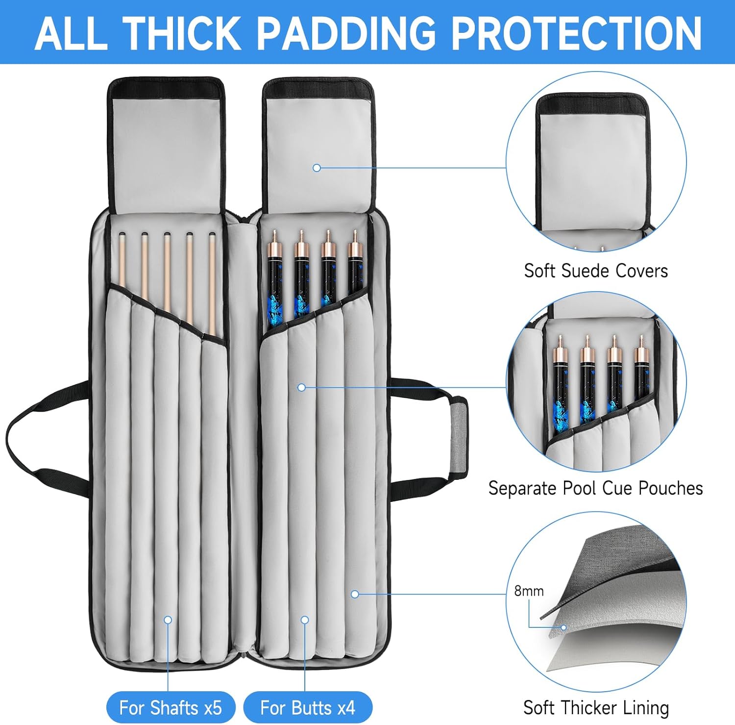 Pool Cue Case, Pool Stick Carrying Case Holds Butts and Shafts, Billiard Cue Bag with Shoulder Straps