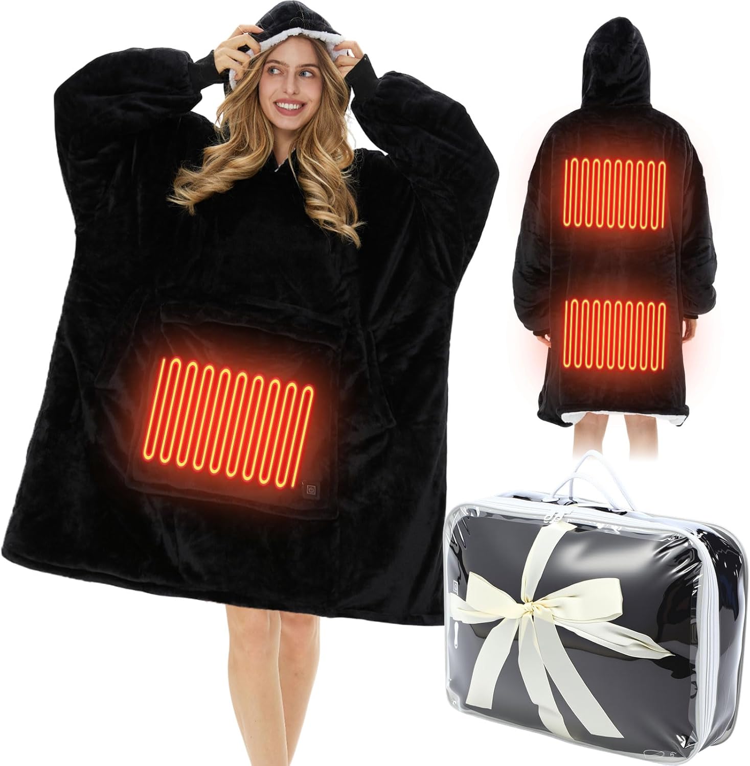 Heated Blanket Wearable Hoodie USB Oversized Heated Sweatshirt for Women with Giant Pocket 3 Heating Levels(Black,No Pattern)