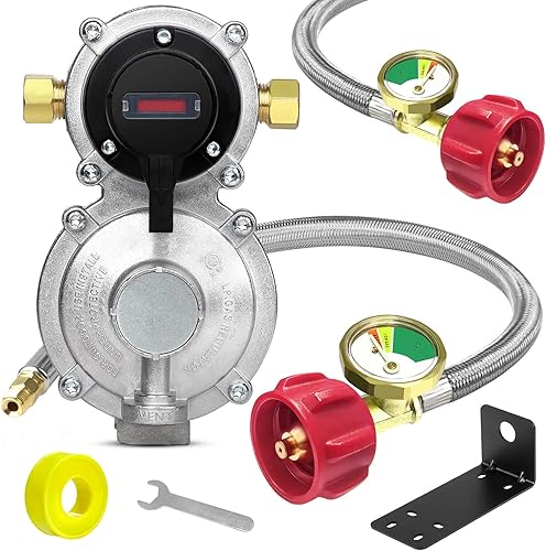 Regulador de gas propano LP de cambio automático de 2 etapas para RV con dos mangueras trenzadas de acero inoxidable de propano de 18 pulgadas con