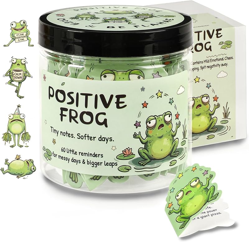 JULEASEL Pote com Cartões de Sapo em Tom de Farsa, 60 Cartões de Afirmações, Modelo 546-frog jar