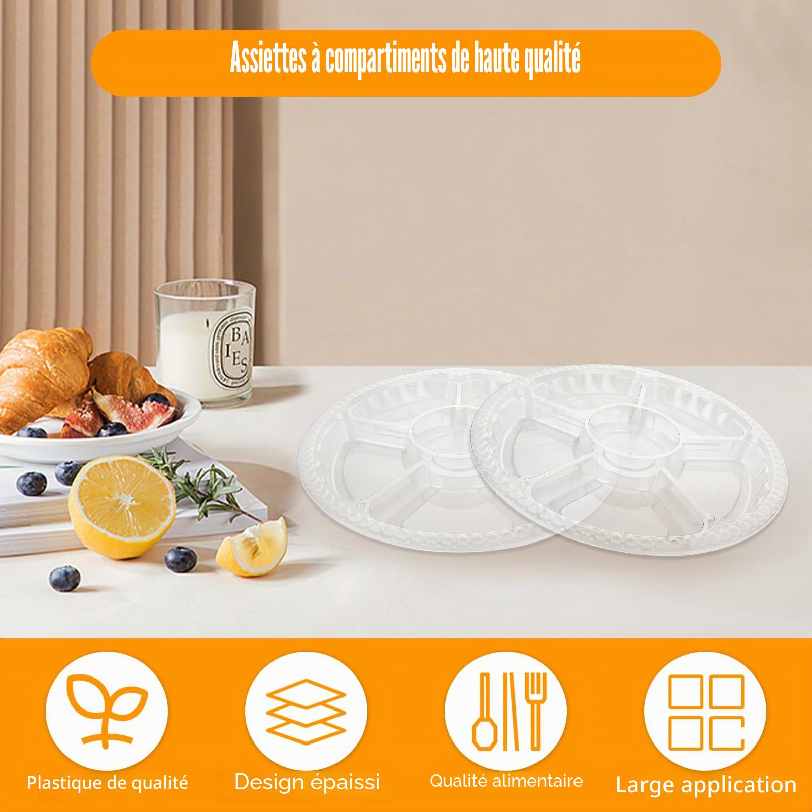Lot de 20 plateaux à compartiments avec couvercles pour collation, 31,5 x 5 cm, plateau de service divisé avec couvercle, plateau de service avec couvercles et 6 sections, plateau à goûter en