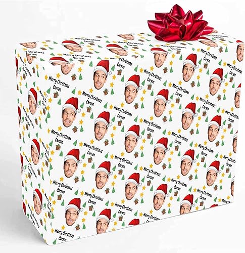 Miniatura 8 de D-Story Papel de regalo personalizado con imagen de nombre y rostro hecho en EE. UU., papel de regalo personalizado de Feliz Navidad, 58 x 23
