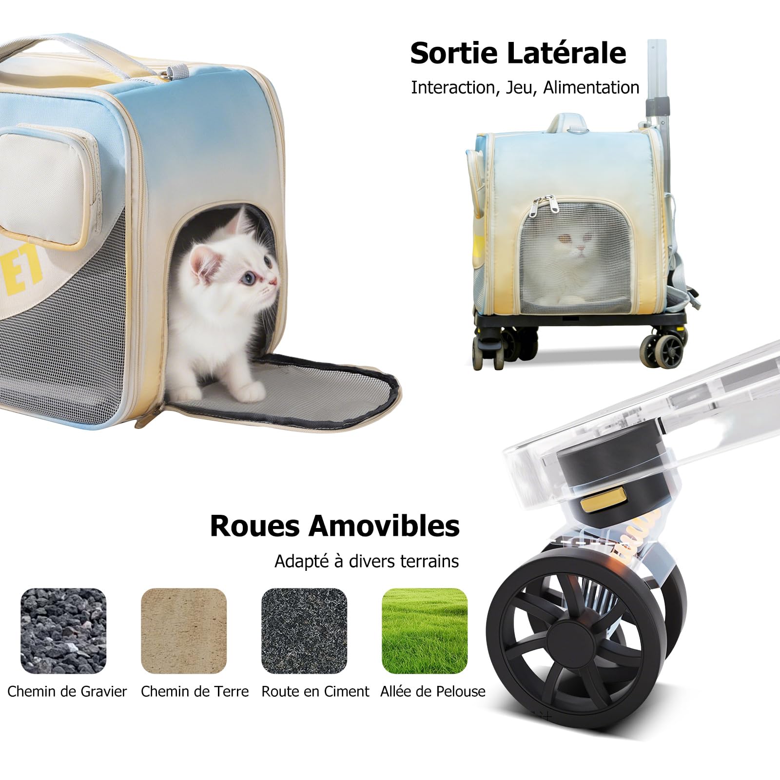 PETCUTE Grandes Caisse de Transport pour Chats avec roulettes Amovibles,Cage de Transport pour Chats et Petits Chiens,Sac de Voyage Pliable et Respirant avec Tapis Amovible, Idéal pour Les Voyages