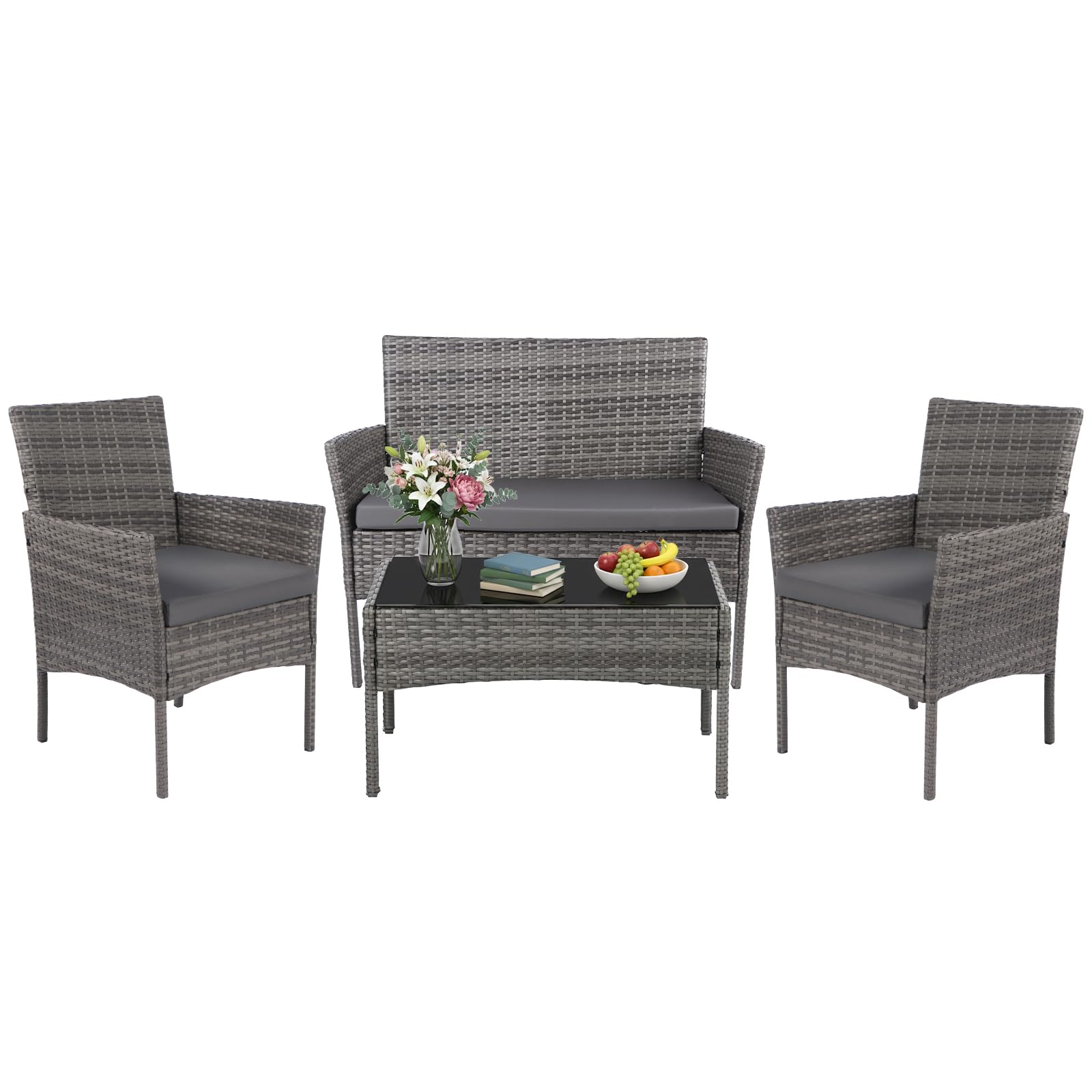 Panana Rattan Garden Furniture 4 Piece Set Table Chair Sofa with Cushions Patio Balcony Outdoor Conservatory Indoor (Mixed Grey Wicker with Grey Cushions)