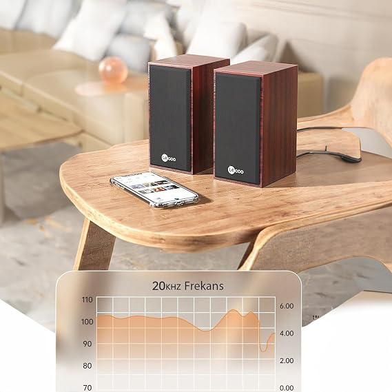 Lecoo DS105 Kablolu 1+1 USB + 3.5mm Jack Girişli 5W Gelişmiş Net Ses Teknolojisi ve Tak Çalıştır Kolay Kurulum Stereo Surround Ses Soundbar 634g Kompakt Masaüstü Kırmızı Ahşap Hoparlör