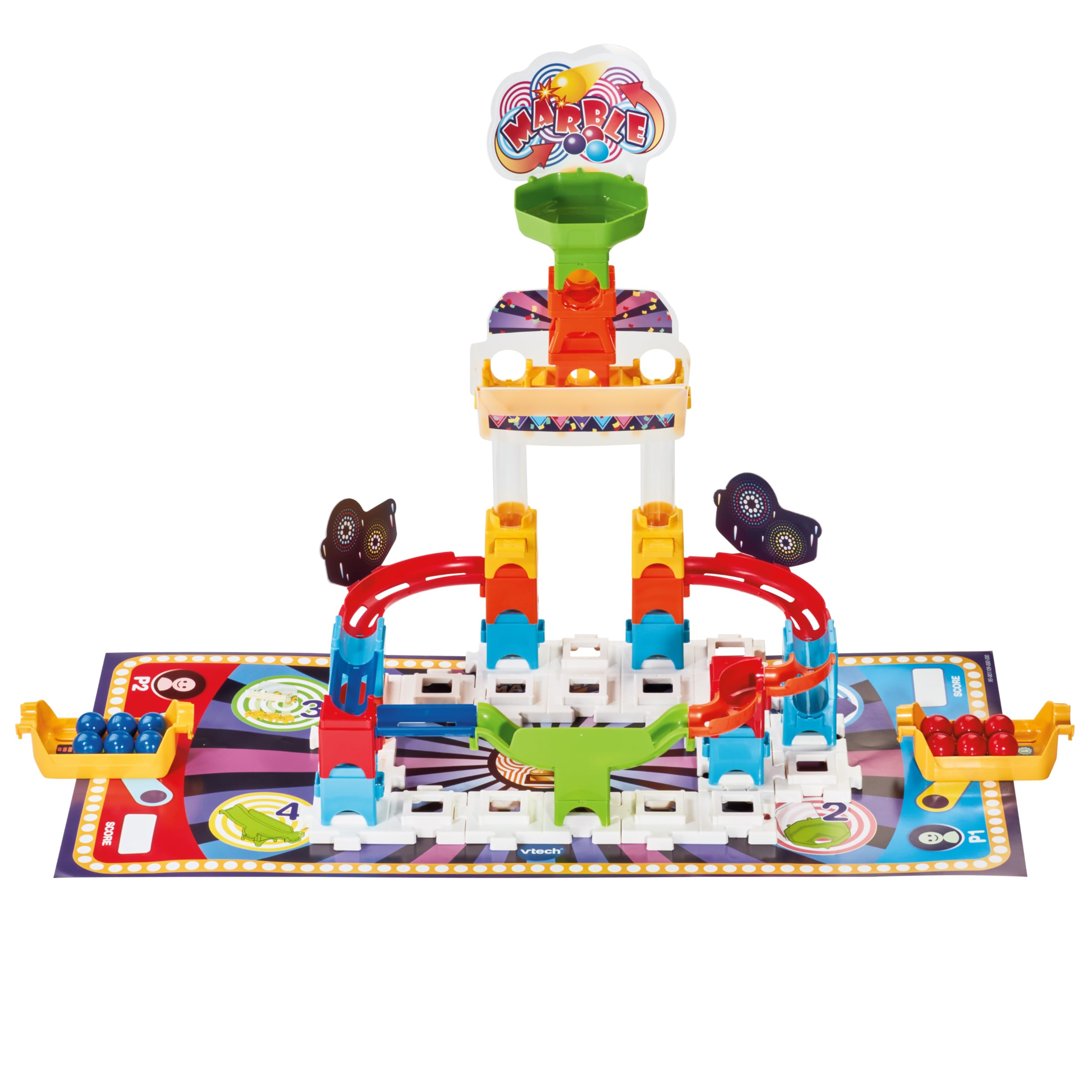 VTech - Marble Rush Juegos de competición, Juguete de construcción, Circuito de canicas, 62 Piezas, 12 canicas, 1 tapete de Juego de Doble Cara y 6 fichas, Regalo niños +4 años, Contenido Español