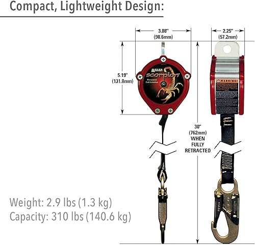 Miniatura 6 de Miller by Honeywell Scorpion - Limitador personal de caída de 9 pies con mosquetón de ojo cautivo y gancho de cierre de acero, capacidad de 310