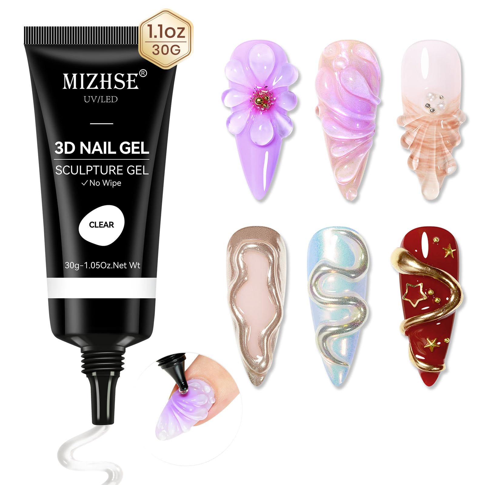 MIZHSE 3D Nail Gel Clear Sculpting for Nail Art Nail Charms 3D Gel Nail Art No Wipe Nail Supplies U V LED Salon Manicure Home DIY