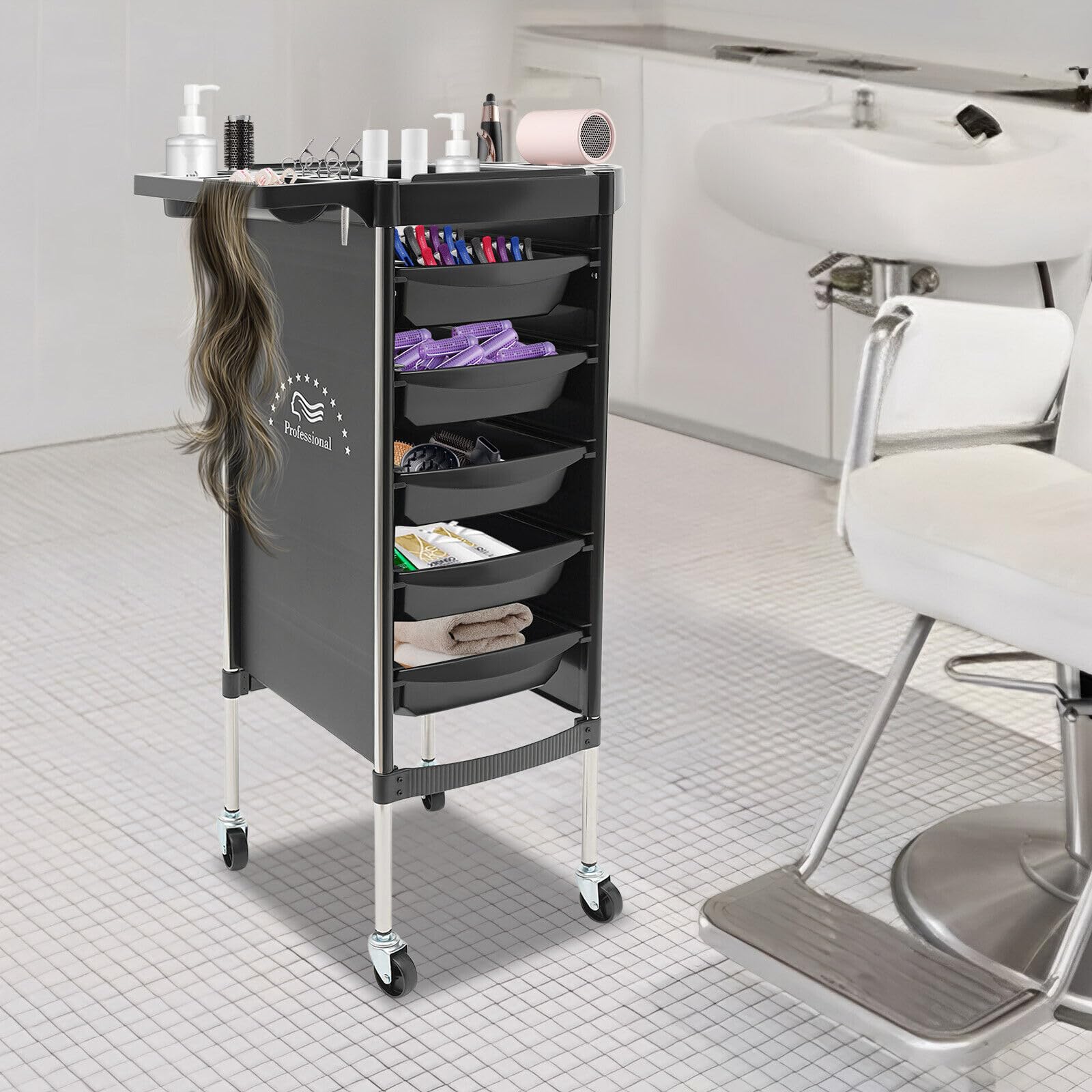 Carrello per Parrucchiere TRIEBAN Pieghevole con 5 cassetti per Parrucchieri, saloni di Bellezza (Nero)