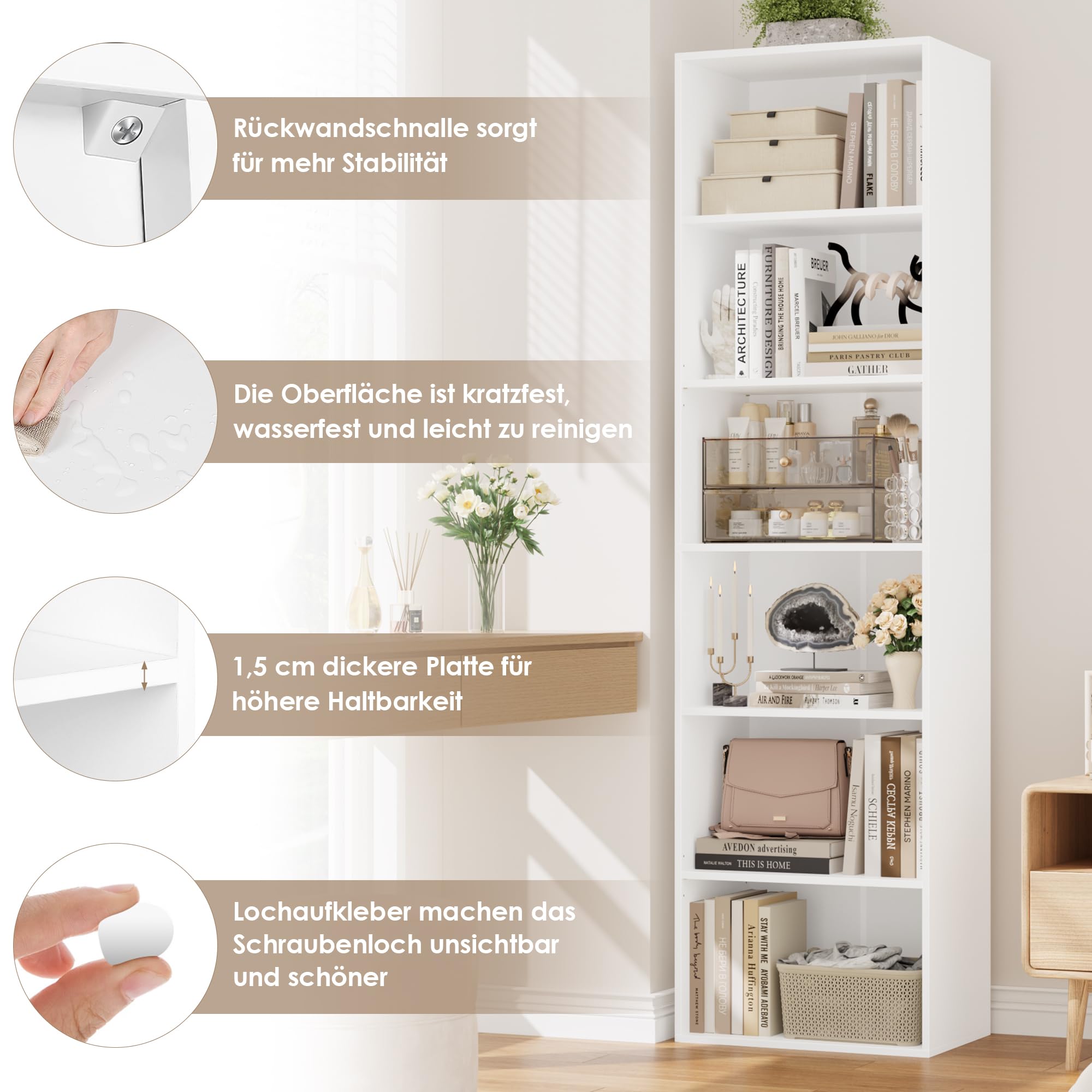 FirFurd 190,5 cm Bücherregal, Regal mit 6 Fächern, Bücherschrank, Kallax Regal, Würfelregal, Standregal, Aufbewahrungsregal, für Wohnzimmer Büro Schlafzimmer, 48x30x 190,5cm, weiß