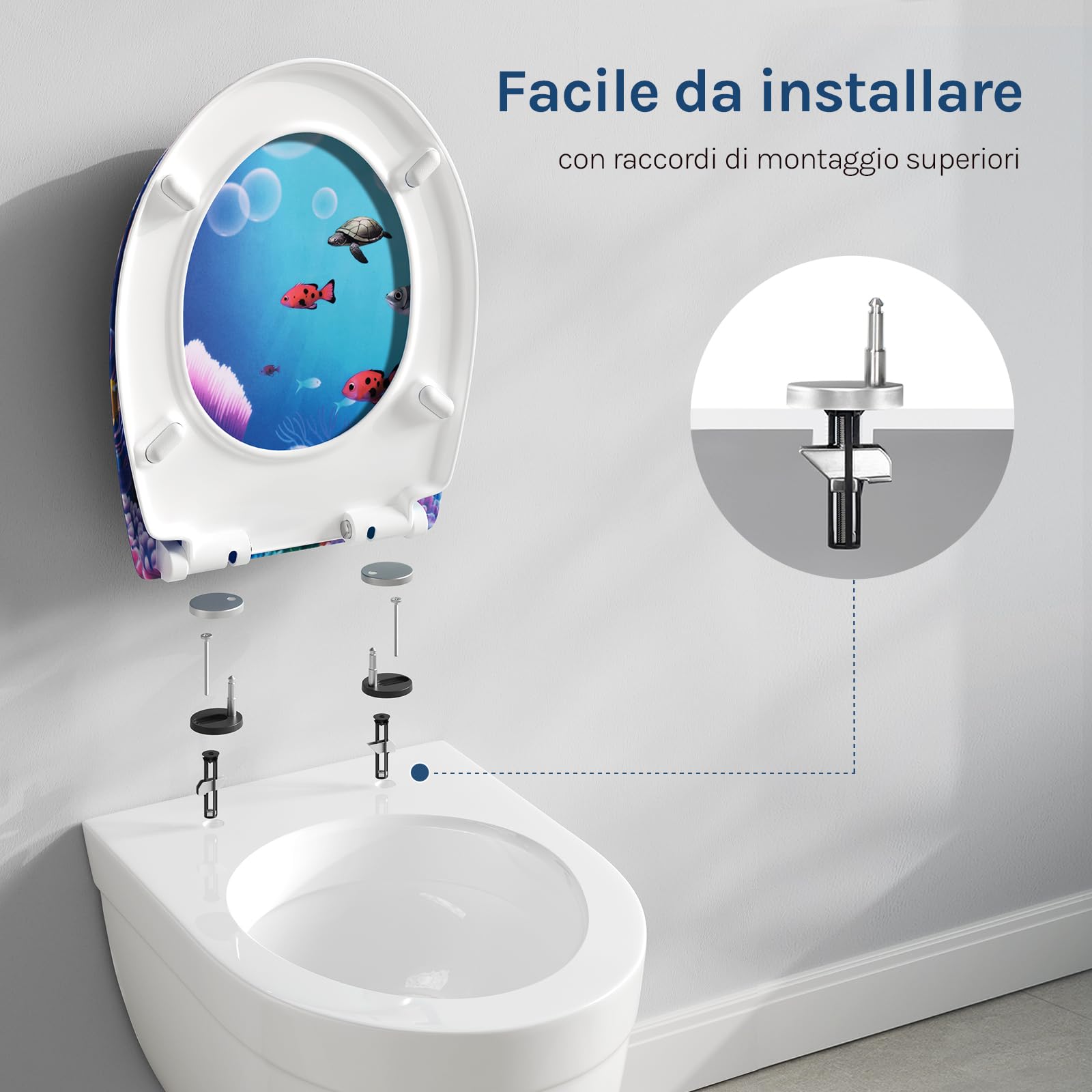 WOLTU Sedile WC con abbassamento automatico, motivo sedile WC con funzione Quick Release e, coperchio WC di alta qualità, in termoindurente, pesce