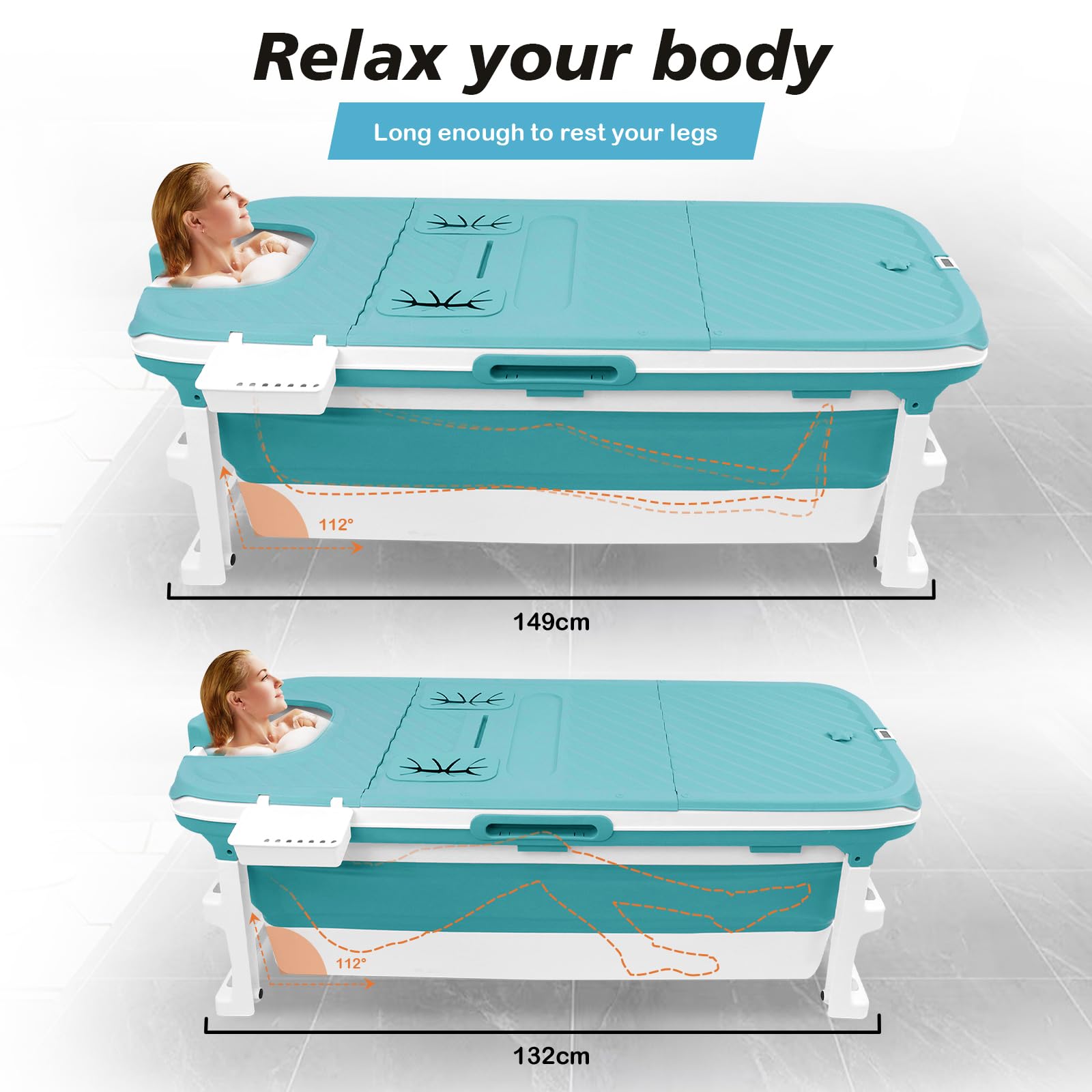 Baignoire Pliable pour Adulte - 132 x 64 x 54 cm - Mobile Avec Couvercle - Panier à Savon Portable - Roulettes de Massage - Idéal pour Petites Salles de Bains
