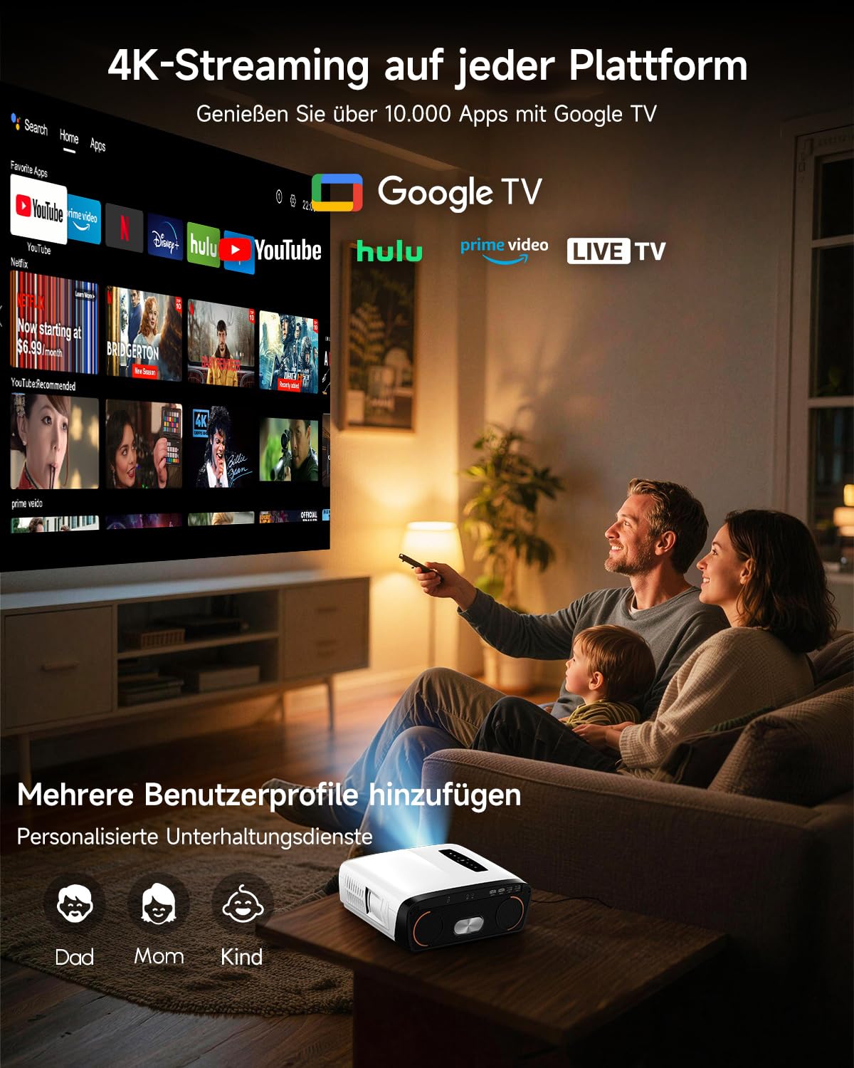 Projektor 4K Google TV, 2500 ANSI lumenów, światło dzienne, projektor kina domowego z WiFi Bluetooth HDMI ARC/CEC, 35 W x 2 Deep Bass, Dolby Audio, autofokus ToF i MEMC, idealny do salonu, gier, na