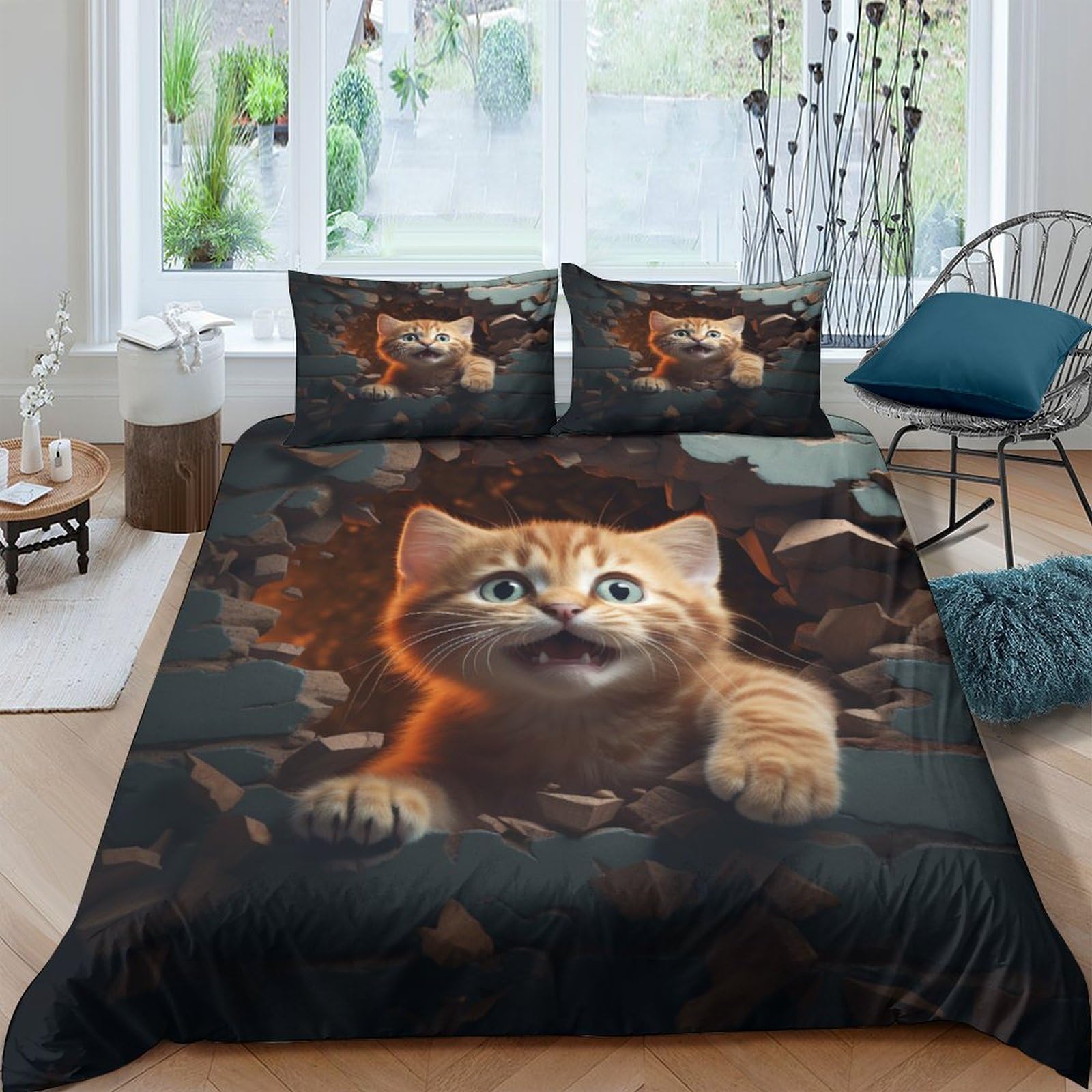 Parure de lit king size en microfibre respirante motif 3D et fermeture éclair invisible