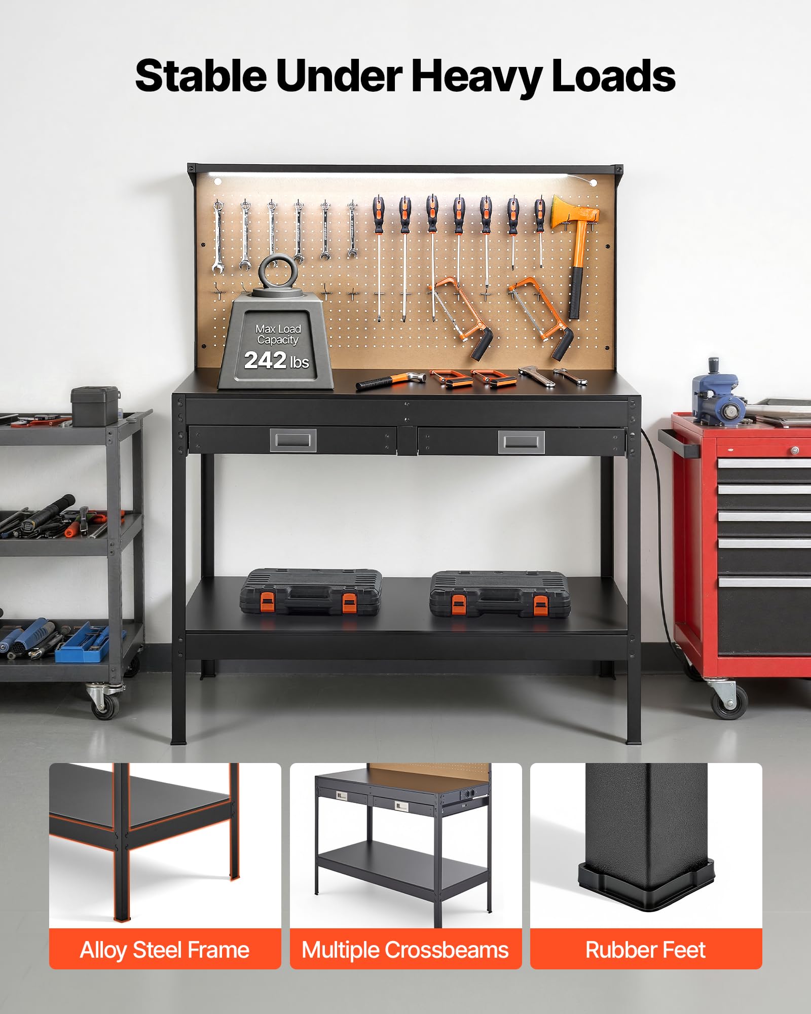 VEVOR Werkbank mit Lochwand, 110kg Belastbarer Arbeitstisch inkl. 2 Ablagefächer 2 Schubladen LED-Beleuchtung & Integrierter Steckdosenleiste mit USB, Multifunktionstisch mit Werkzeugwand für Heimwerk