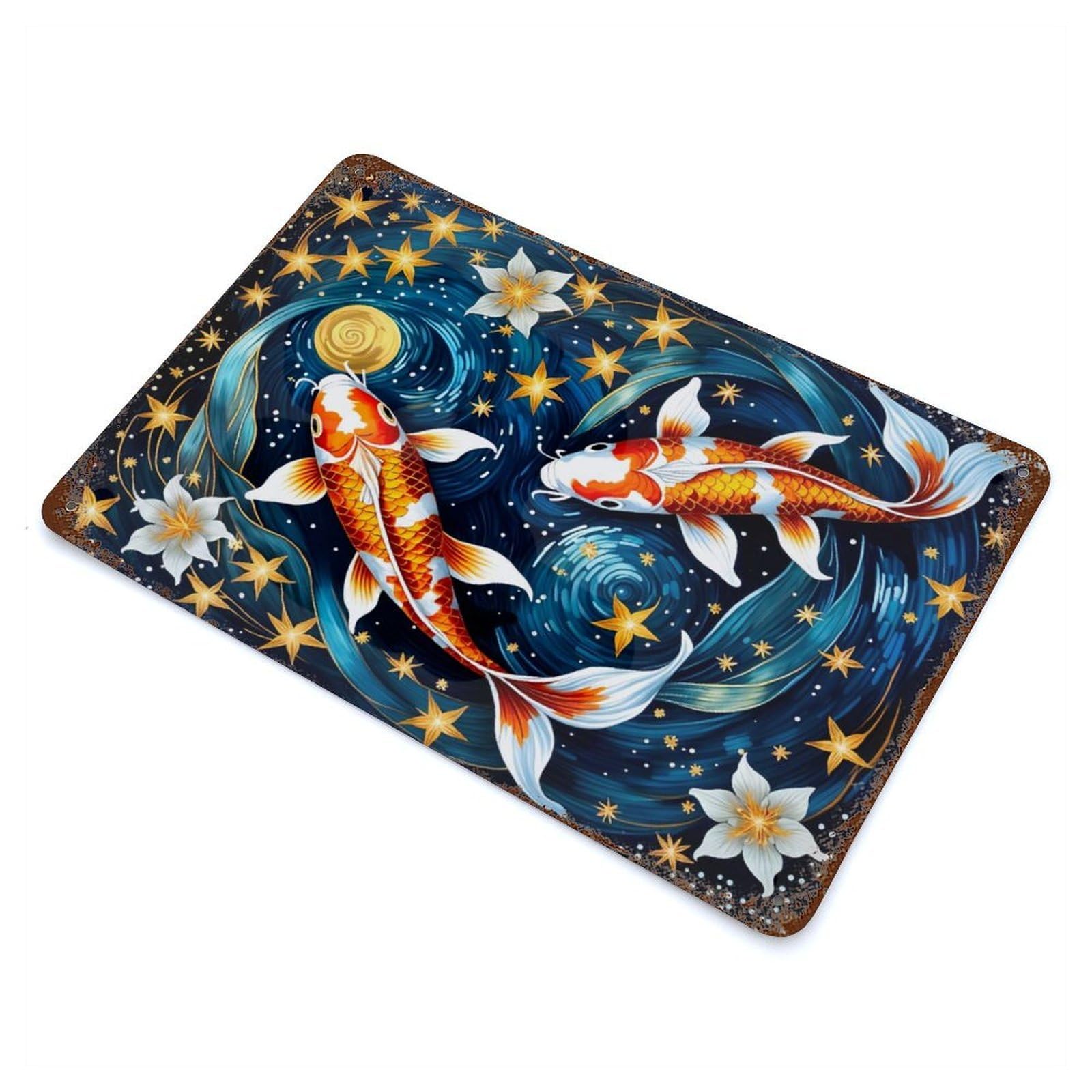 Garage Style Koi Fish Starry Night Decorative Tin Sign 11.8"x7.9", Farmhouse Wall Decor for Bar And Workshop