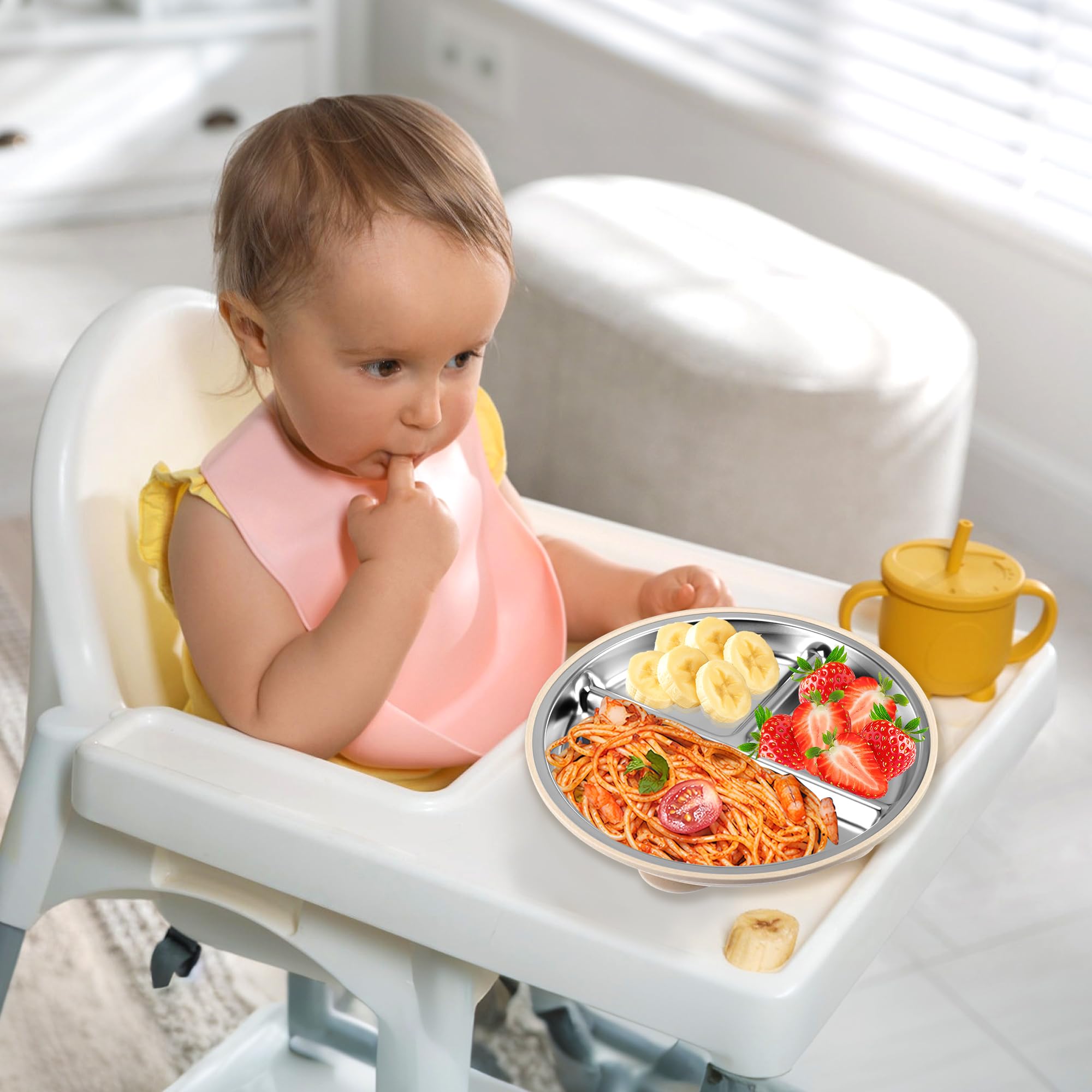 2 piatti per bambini in acciaio inox con ventosa, 22 cm, piatti per bambini con ventosa, senza BPA e con silicone rimovibile, piatti per bambini con suddivisione in acciaio inox antiscivolo