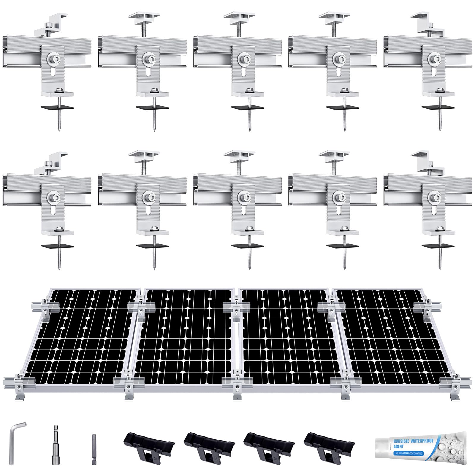 Solar Panel Mounting Bracket Kit, 10Pcs Solar Panel Mount for 1-4pcs Thickness 1.4” Solar Panels, with 10x 6"" Mini Rails 4X Water Drain Clips for Shingle,Slate,Metal and Tin roof