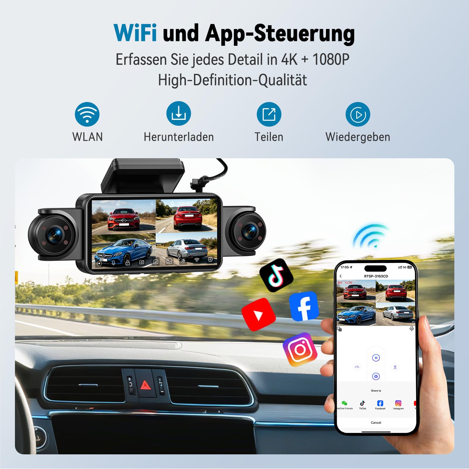 4k Dashcam Auto Vorne Hinten mit 5 Zoll Großes IPS Touch Display | 4 Kanal Dash Cam Auto Kamera 360°-Überwachung,Kostenlose 64GB-Karte,WDR-Nachtsicht,G-Sensor,24/7 Parkmodus,Loop-Aufnahme,App