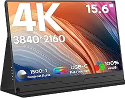 ZSCMALLS Monitor portátil 4K, 15,6 polegadas 3840 x 2160, monitor de laptop estendido, 1500:1, 100% sRGB USB-C HDMI, monitor de jogos HDR portátil com alto-falantes e inteligente para