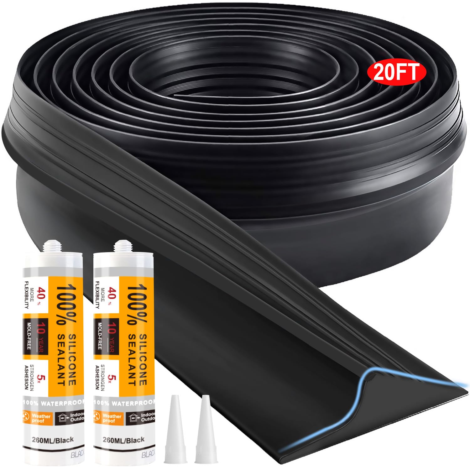 Jin&Bao Universal Garage Door Threshold Seal Strip 20FT Kit, Bottom Waterproof Rubber Weather Stripping Replacement?Black?