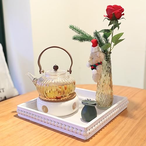 Miniatura 9 de Bandeja decorativa de madera para servir mesa auxiliar, bandeja rectangular de granja con cuentas de madera para otomana, entretenimiento,