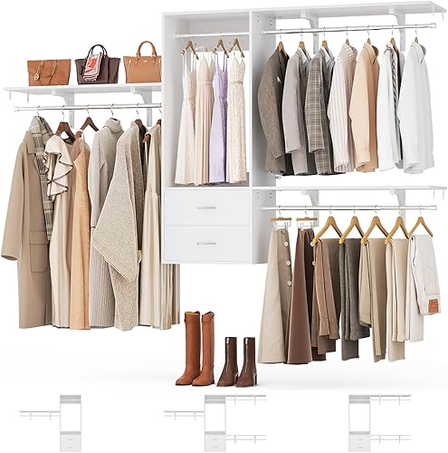 Miniatura 1 de Sistema de armario de 96 pulgadas con 2 cajones de madera, sistema organizador de armario de 4 a 8 pies con 4 varillas para colgar, para dormitorio,