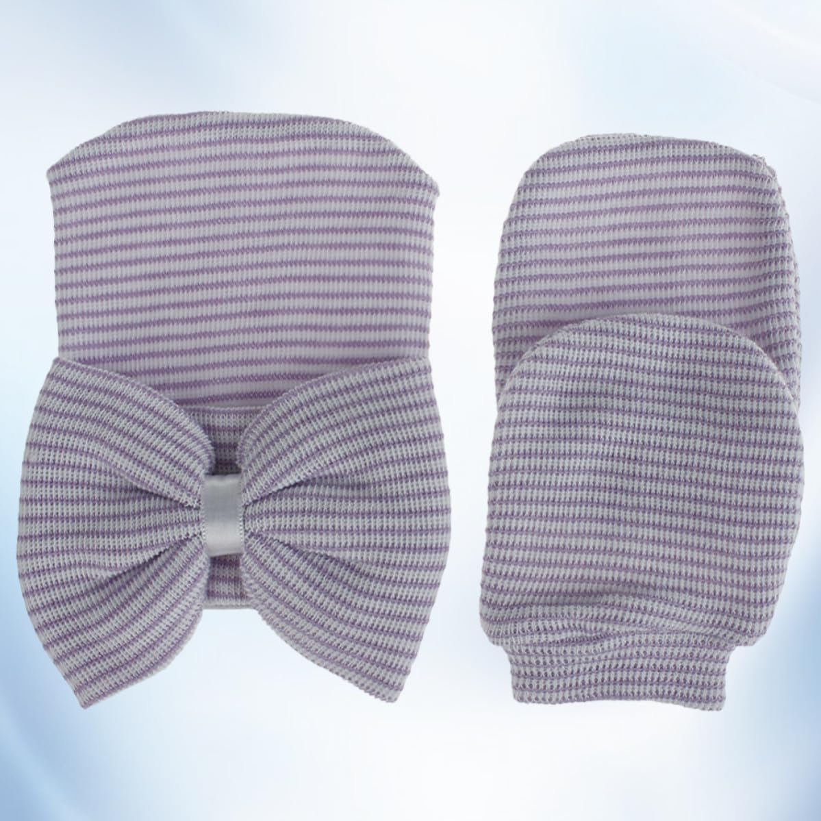 Baby Knit Cap and Glove Set for Newborn Girl with Bow White