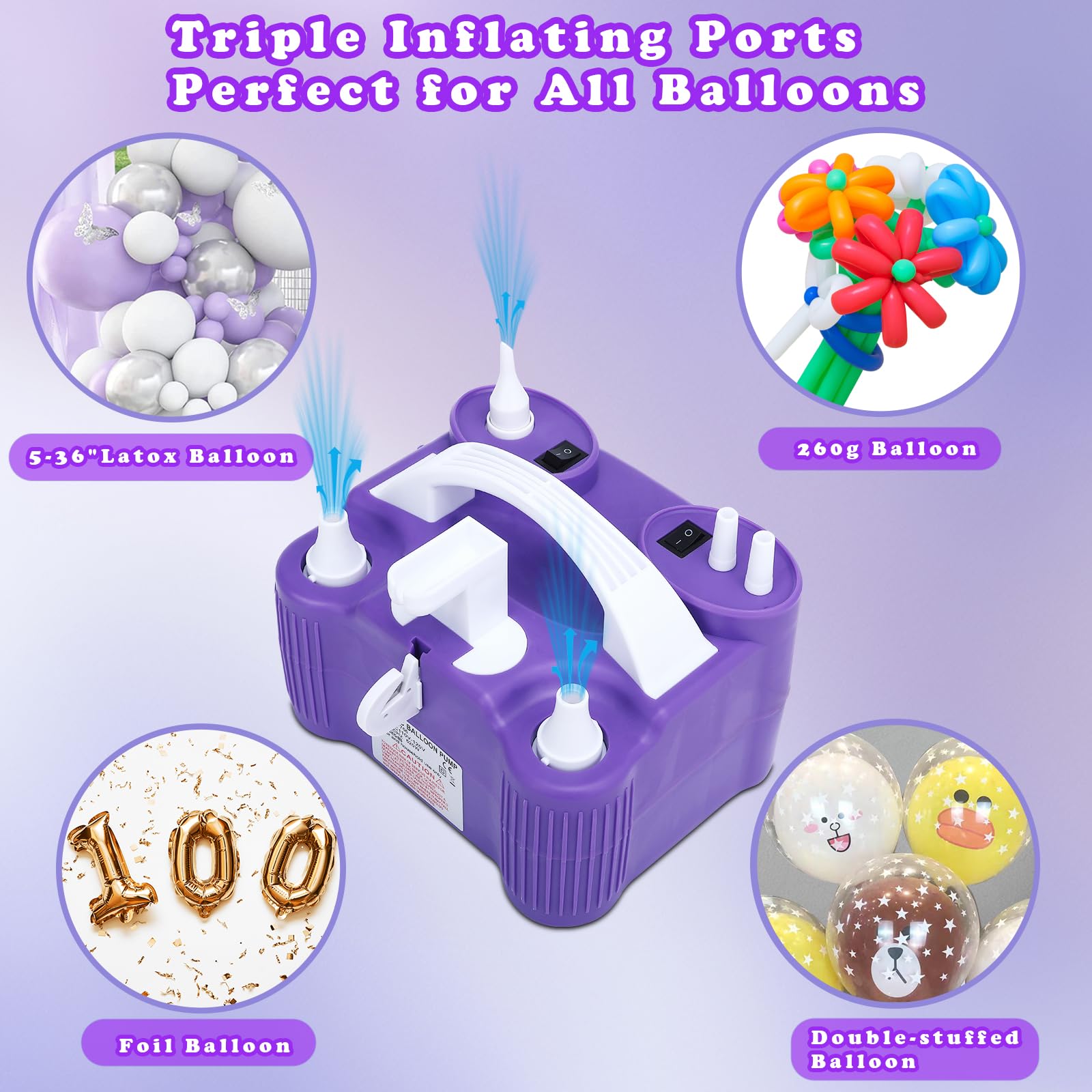 Bomba eléctrica para globos, bomba de aire eléctrica portátil 4 en 1 para inflables, globos y pelotas deportivas, inflador de globos para 260 q, papel de aluminio, globos de látex y flotadores de