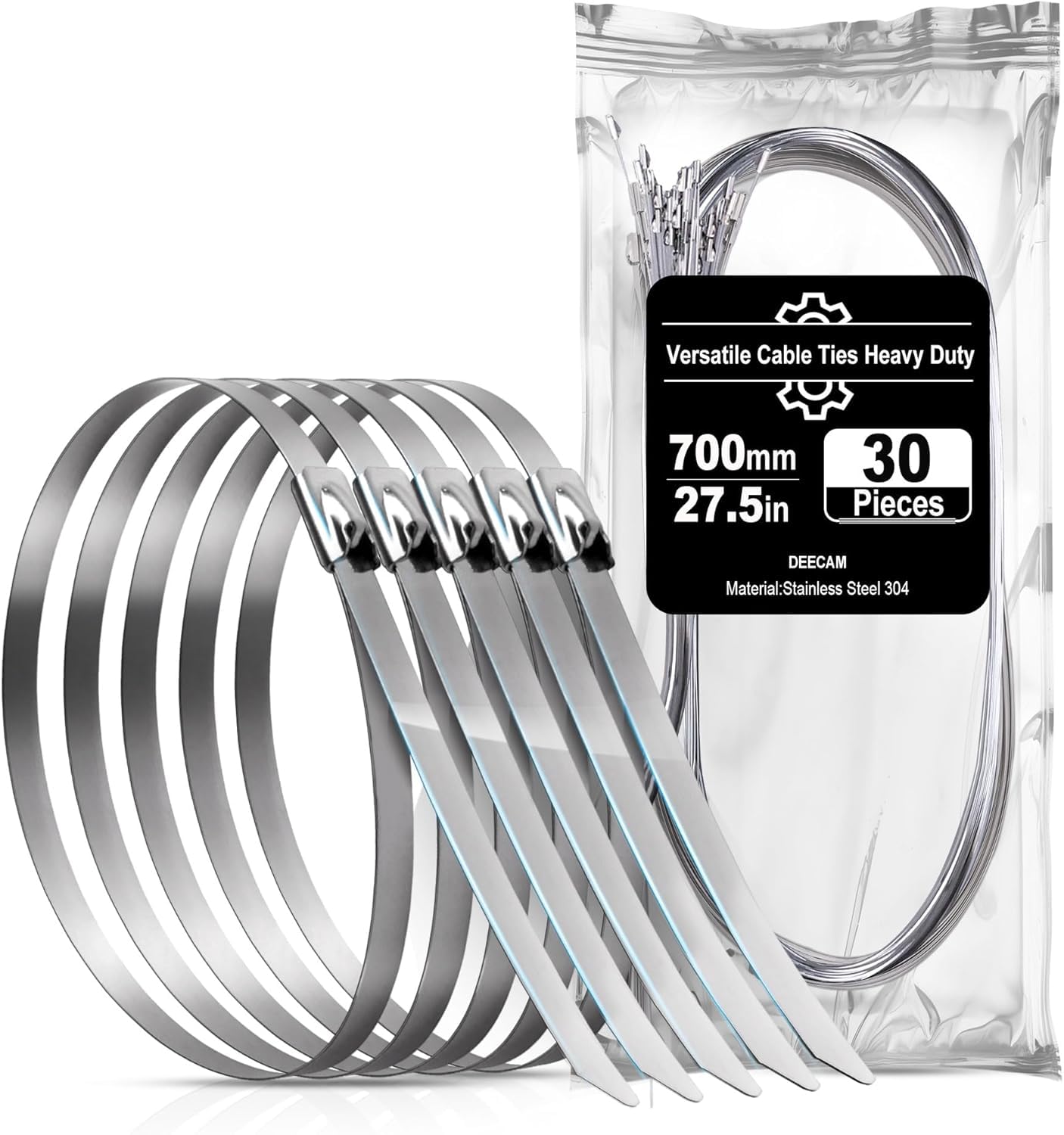 Stainless Steel Cable Ties, Deecam 30 Pcs 10×700mm Metal Cable Tie, 304 Stainless Zip Ties with Steel Ball Stopper, Suitable for Exhaust Wrapping, Binding Tie, Garden Repair and Fixed Fence(30 Pcs) — image 1