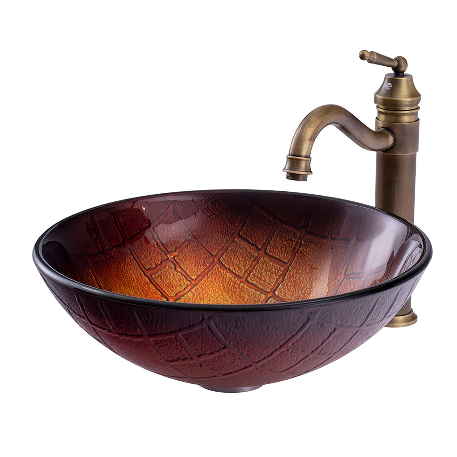 WOTZOV Bathroom Round Tempered Glass Vessel Sink Golden Brown Artistic Vessel Bowl Sink Countertop Vanity Vessel Sink With Antique Faucet And Pop Up Drain Combo,