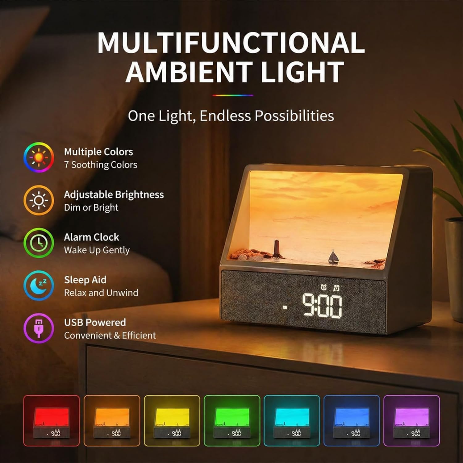 Reveil Simulateur D'aube avec Six Éclairages D'ambiance,Réveil Lumineux Comprend 12 Types De Bruit Blanc,Enceinte Bluetooth,Minuteur, Réveil Matin Veilleuse Pour Enfant/Ado/Adulte (Couleur bois)