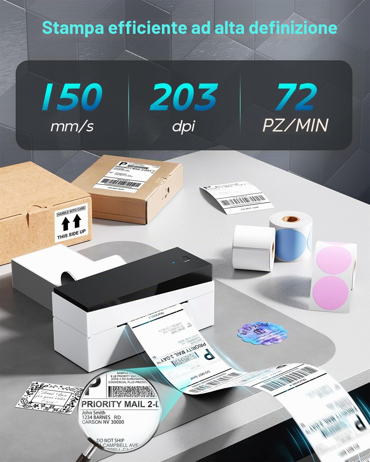 Stampante per etichette termica Bluetooth, stampante per etichette 4x6 per ufficio domestico e business, ampiamente utilizzata per Shopify, Amazon, compatibile con Android, iPhone, Windows