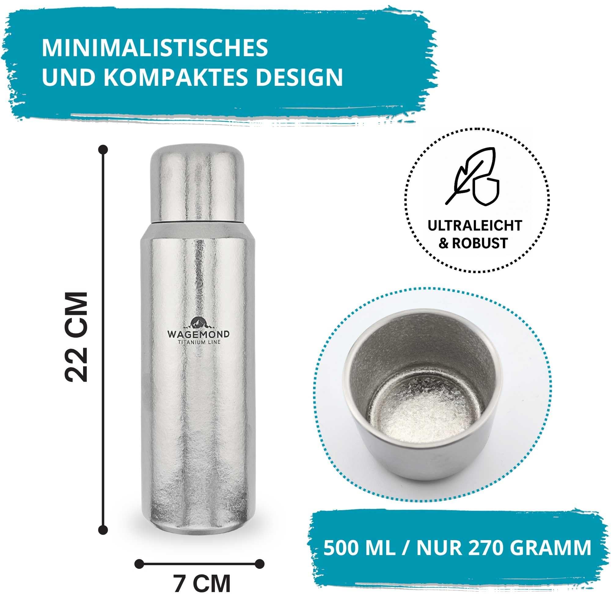 Titan Thermosflasche 500 ml – ultraleicht & doppelwandig isoliert, 100% Titan, BPA-frei – mit magnetischem Becher, Teesieb, Schutzhülle & Reinigungsbürste – Outdoor, Camping, Büro